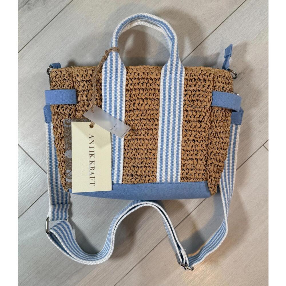 Antik Kraft Straw Tote with Blue and White Striped Handles